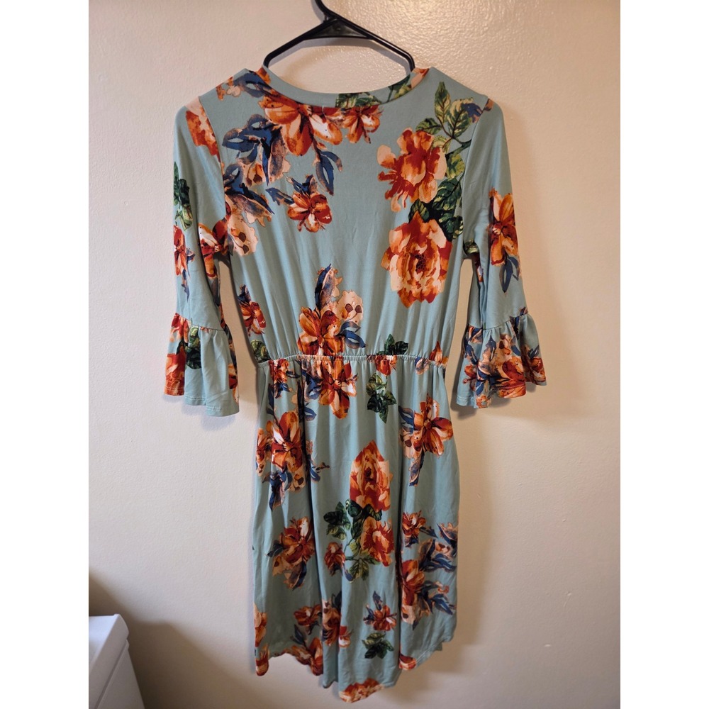 Reb & J. Floral Bell Sleeve Fit and Flare Dress Sage Green Orange Size 220 - Picture 3 of 4